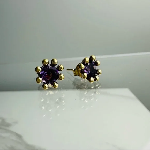 Gold Over Sterling Silver Amethyst Stud Earrings – Vintage Floral Design - Picture 7 of 12